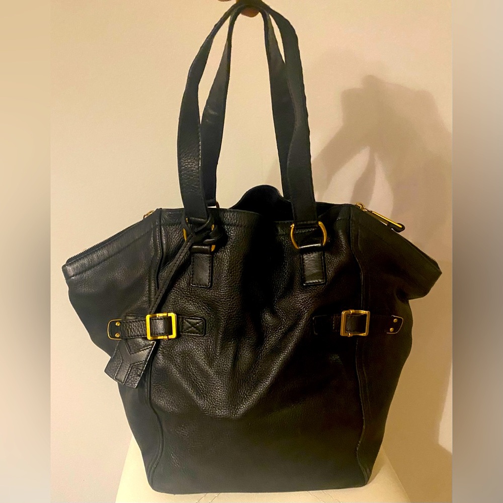 YSL LEATHER DOWNTOWN TOTE BAG WITH DOUBLE ZIPPER AND BUCKLE DETAILS